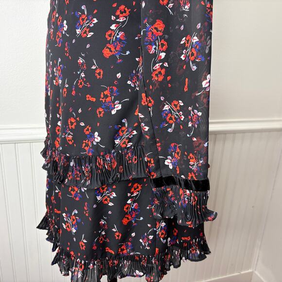 Lulus S Mini Dress Black Long Sleeve Floral Chiffon Ruffle Pleat Sheer Cottage - Picture 12 of 14